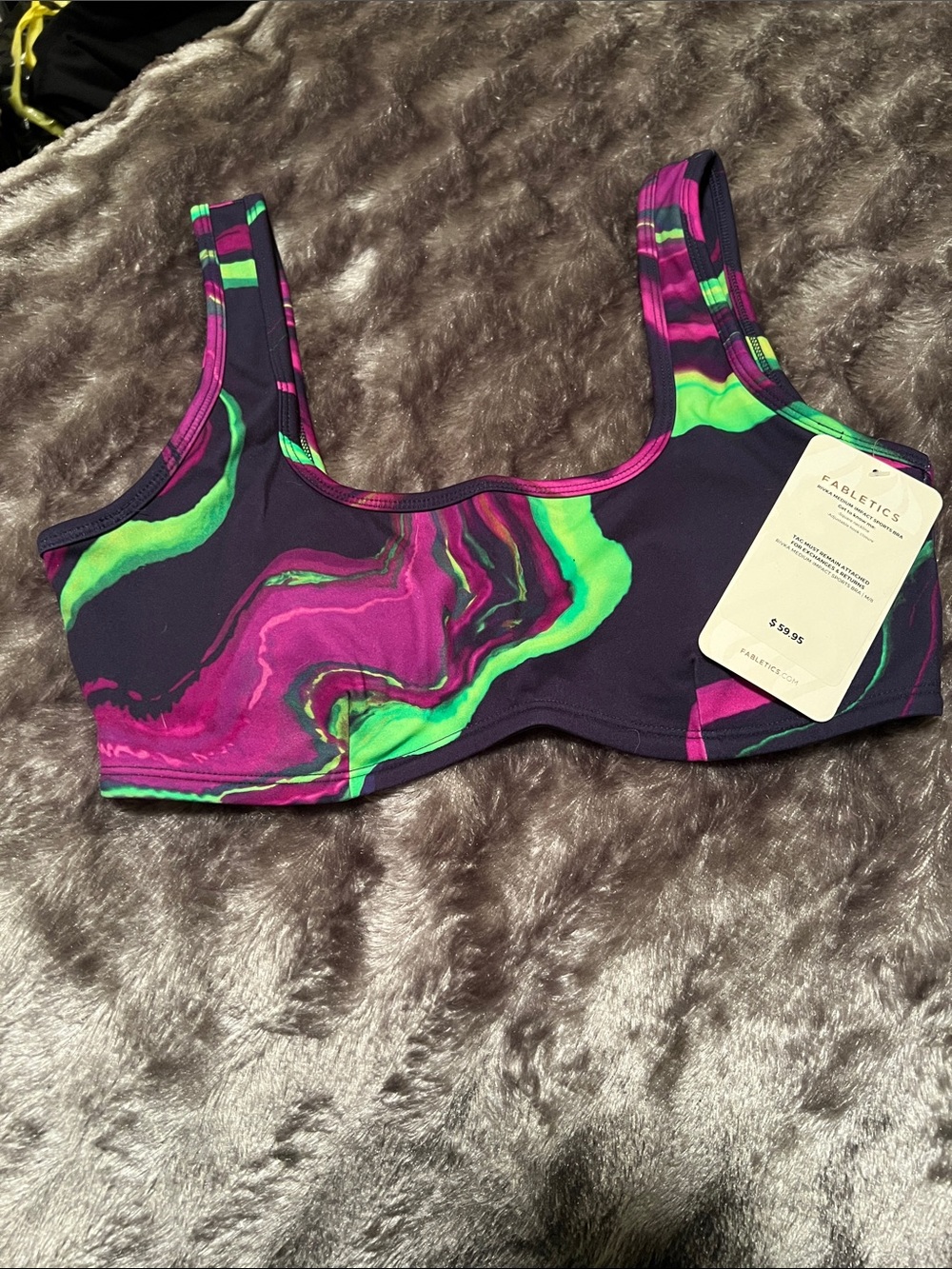 Fabletics Navy Sports Bra with Pink & Neon Green Marble Swirl, medium